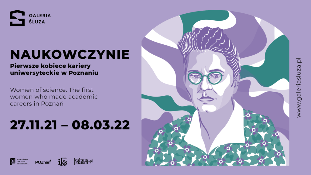 Grafika przedstawia motyw graficzny wystawy. Na fioletowym tle widać postać kobiety w okularach. Postać wzorowana jest na portrecie Heleny Szafranówny.