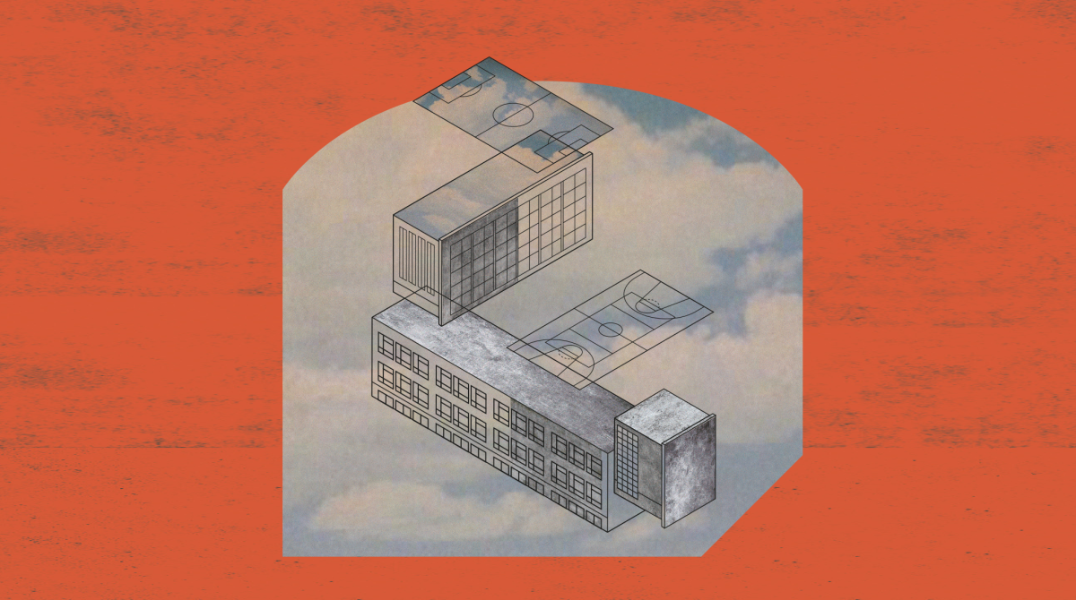 Rysunek budynków szkolnych, w tle niebo z chmurami. Wokół pomarańczowe tło