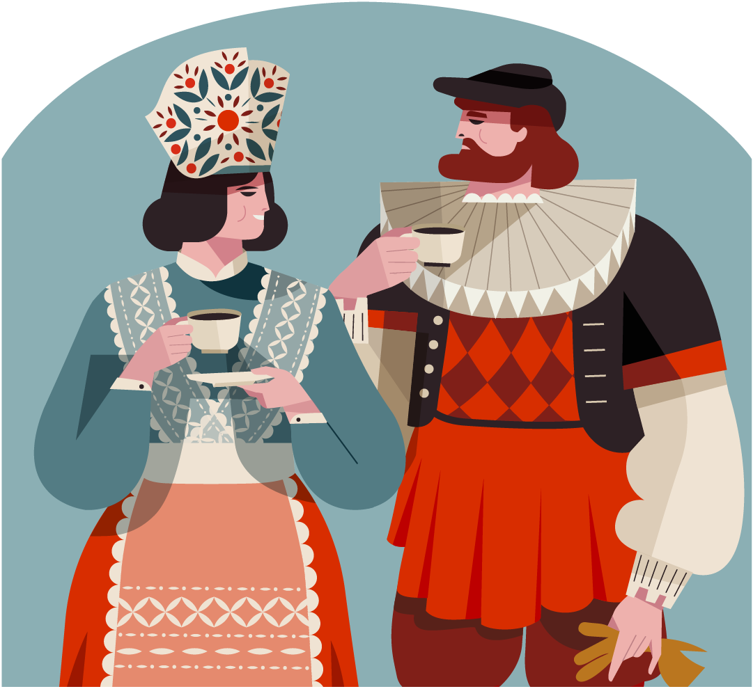 Grafika przedstawiająca dwie osoby, kobieta w stroju bamberskim i mężczyzna w stroju renesansowym. Trzymają filiżanki z kawą.
