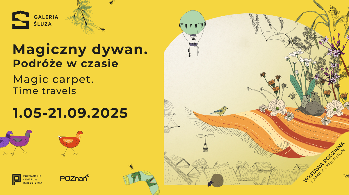 Grafika promująca wystawę, żółte tło, na nim pomarańczowo-żółty dywan