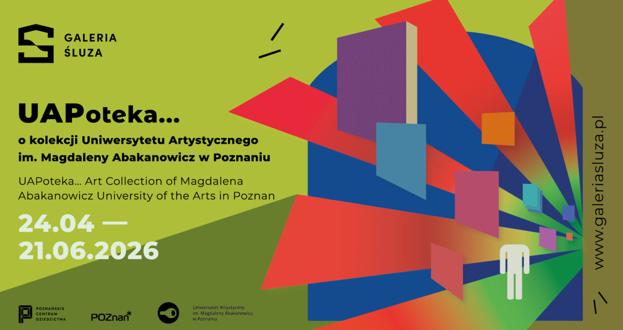 Banner promujący wystawę. Po lewej stronie czarne i białe napisy na zielonym tle, po prawej stronie kolorowe promienie wychodzące z prawego dolnego rogu, za nimi granatowe tło.