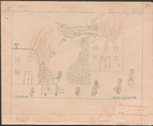Dziecięcy rysunek. Bombardowanie Poznania dnia 4 czerwca 1940