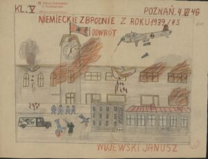 Dziecięcy rysunek. Niemieckie zbrodnie z roku 1939/45 i odwrót. Bombardowany budynek i rozstrzelanie ludzi